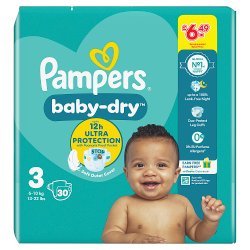 Pampers Baby-Dry Size 3, 30 Nappies, 6kg-10kg, Carry Pack