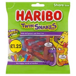 HARIBO Twin Snakes Fruit Flavour Gum Jelly Sweets Sharing Bag 140g
