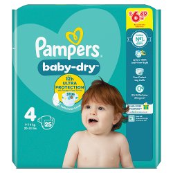Pampers Baby-Dry Size 4, 25 Nappies, 9kg-14kg, Carry Pack